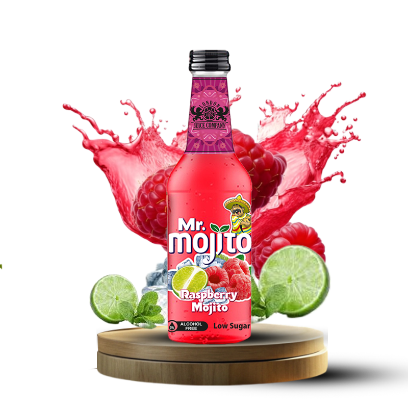 Mr. Mojito Raspberry Mojito 275ml frosted bottle, offering a cool burst of raspberry and lime flavours with a splash of ice.