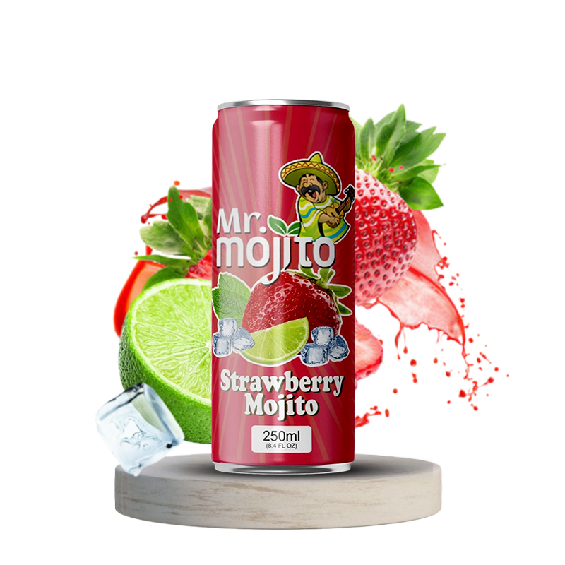 Mr. Mojito Strawberry Mojito 250ml can, highlighting juicy strawberries, lime, and ice for a sweet, refreshing experience.