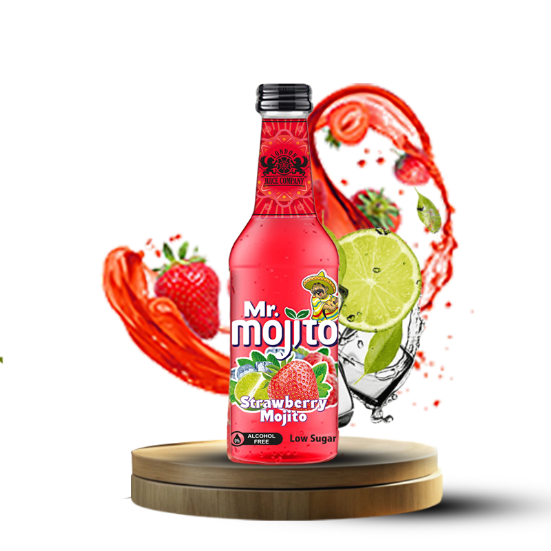 Mr. Mojito Strawberry Mojito 275ml frosted bottle, providing a fruity combination of strawberry and lime, perfect for a refreshing drink.