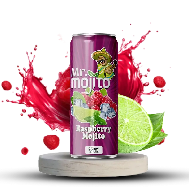 Mr. Mojito Raspberry Mojito 250ml can with raspberries, lime slices, mint leaves, ice cubes, and a red splash effect in the background.