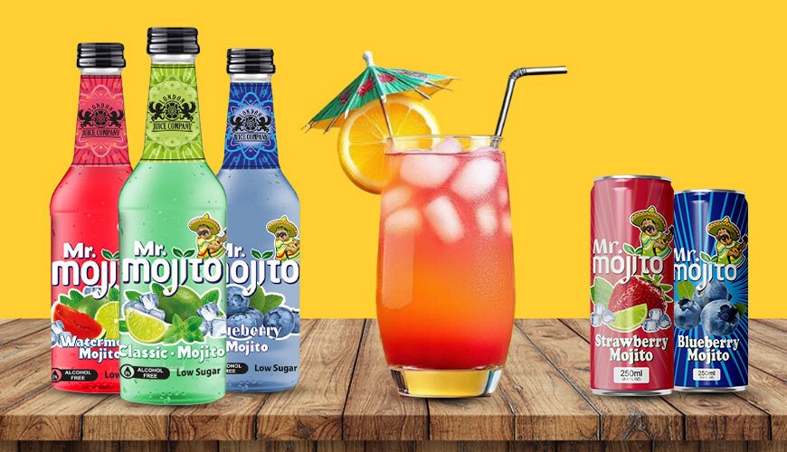 “Mr. Mojito bottled and canned drinks in fruity flavors including watermelon, classic lime, blueberry, and strawberry, displayed beside a colorful mocktail with ice and orange garnish.”
