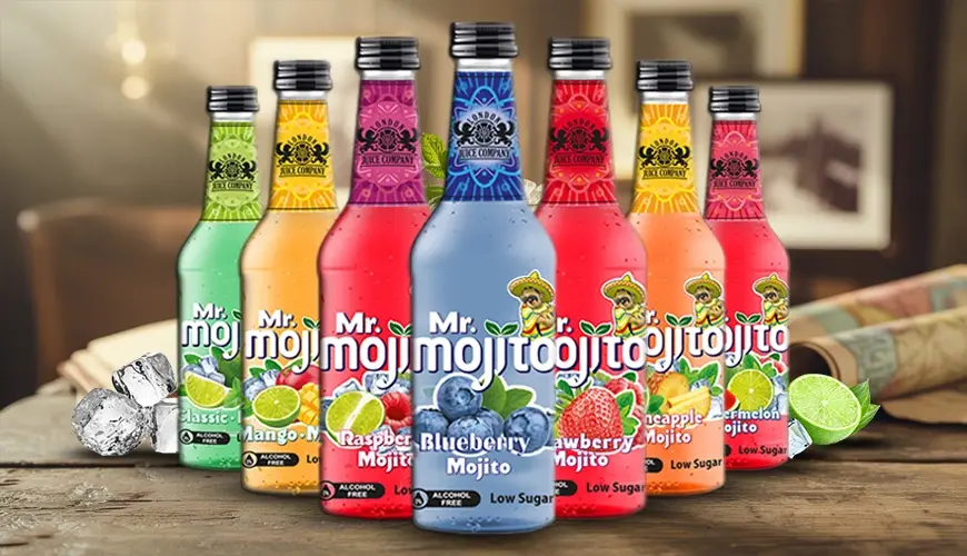A vibrant lineup of Mr. Mojito mocktail bottles in assorted fruity flavours with ice and lime accents.