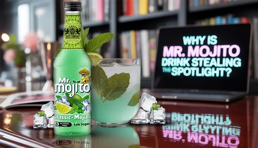 Mr. Mojito Classic Mojito drink with mint and ice in front of a spotlight-themed laptop screen.
