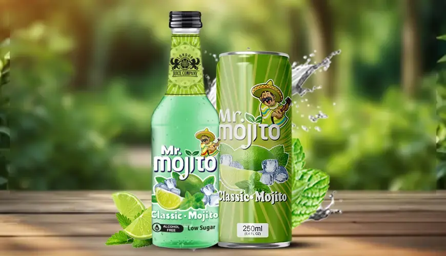 Classic mojito drinks by Mr. Mojito in can and bottle, highlighted with fresh mint leaves.