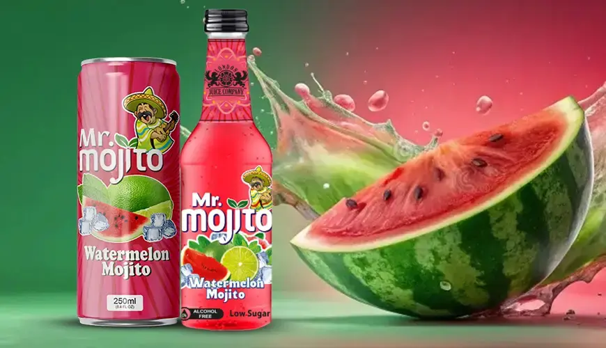 Mr. Mojito Watermelon Mojito – can and bottle with a splash of fresh watermelon in the backdrop.