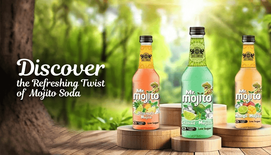 Mr. Mojito soda bottles—Pineapple, Classic, and Mango—on wooden podiums outdoors.