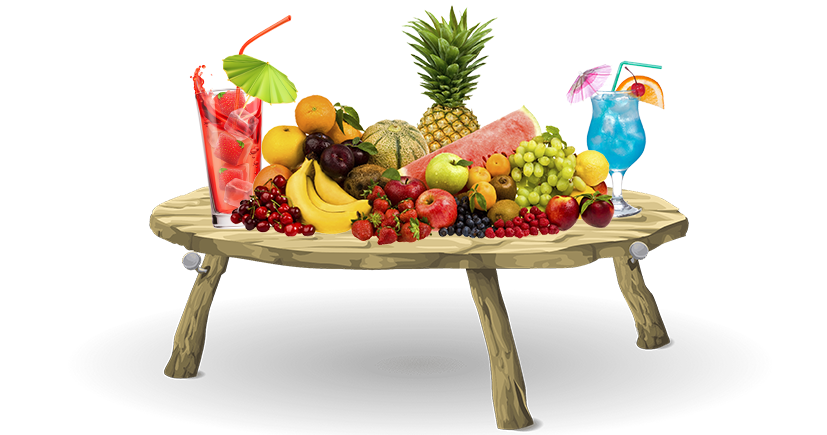 A colorful assortment of fresh fruits and refreshing beverages arranged on a round wooden table, evoking a tropical and summery vibe.