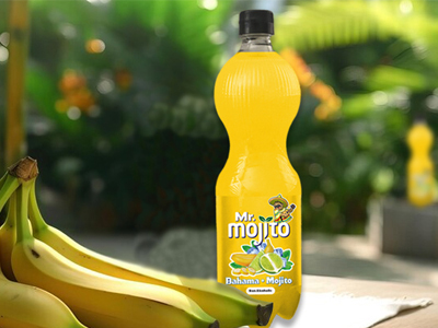 A bottle of mr. mojito banana mojito-flavored beverage positioned in a tropical setting with fresh bananas in the foreground, evoking a refreshing and fruity drinking experience.