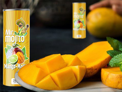 A cans of mr. mojito mango mint drink alongside fresh mango slices and a whole mango, with a mint leaf for garnish, against a blurred background.