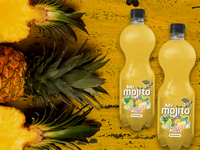 Two bottles of mr. mojito pineapple mojito non-alcoholic beverage placed on a vibrant yellow background adorned with fresh pineapple slices and a whole pineapple, evoking a tropical and refreshing mood.