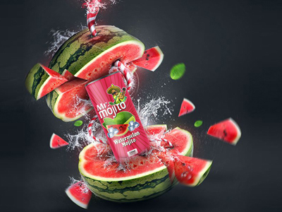 A dynamic explosion of flavor, featuring a watermelon bursting to reveal a can of mr. mojo watermelon hello drink amidst flying watermelon slices and refreshing splashes.