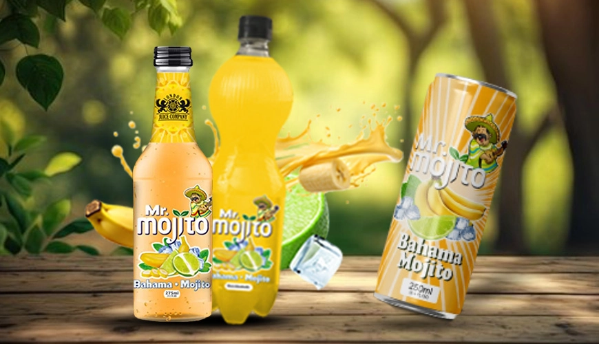 Mr. Mojito Bahama mojito in various packaging, with a splash of banana and lime, set against a sunny, tropical backdrop.