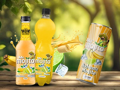 Mr. Mojito Bahama mojito in various packaging, with a splash of banana and lime, set against a sunny, tropical backdrop.