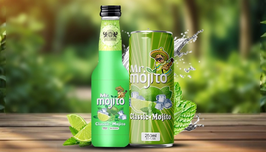 Classic mojito drinks by Mr. Mojito in can and bottle, highlighted with fresh mint leaves and limes for a zesty, refreshing look.