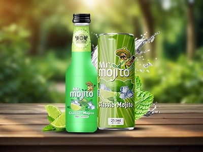 Classic mojito drinks by Mr. Mojito in can and bottle, highlighted with fresh mint leaves and limes for a zesty, refreshing look.