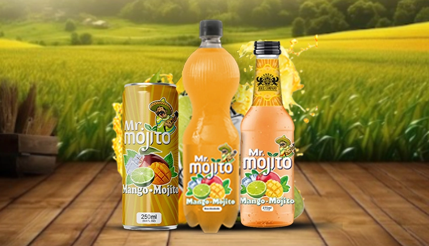 Mango mojito collection from Mr. Mojito, featuring 1-liter, 250ml can, and glass bottle, presented with fresh mangoes in a sunlit field.