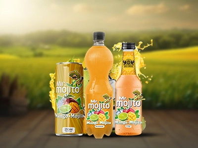 Mango mojito collection from Mr. Mojito, featuring 1-liter, 250ml can, and glass bottle, presented with fresh mangoes in a sunlit field.