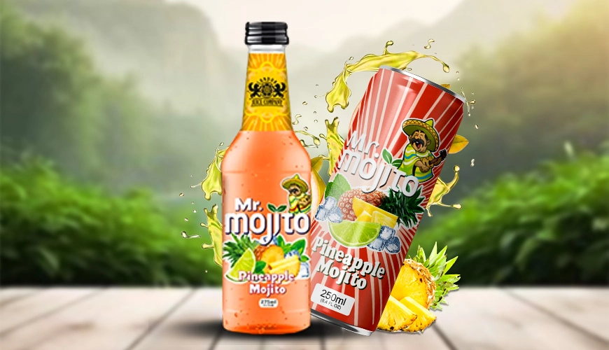 Mr. Mojito pineapple mojito in both can and bottle, with splashing pineapple juice and lush greenery for a tropical vibe.