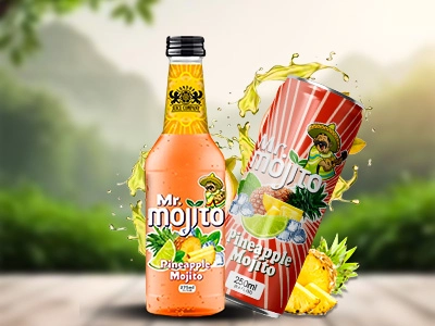 Mr. Mojito pineapple mojito in both can and bottle, with splashing pineapple juice and lush greenery for a tropical vibe.