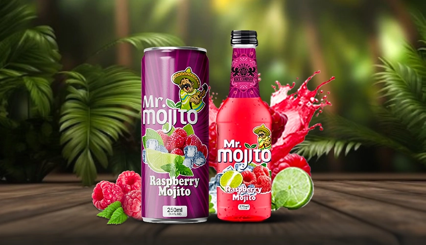 Mr. Mojito raspberry mojito displayed in can and bottle form, with raspberries and limes against a tropical, leafy background.