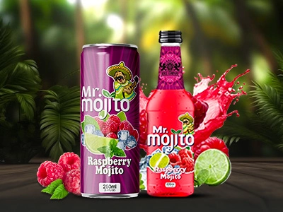 Mr. Mojito raspberry mojito displayed in can and bottle form, with raspberries and limes against a tropical, leafy background.