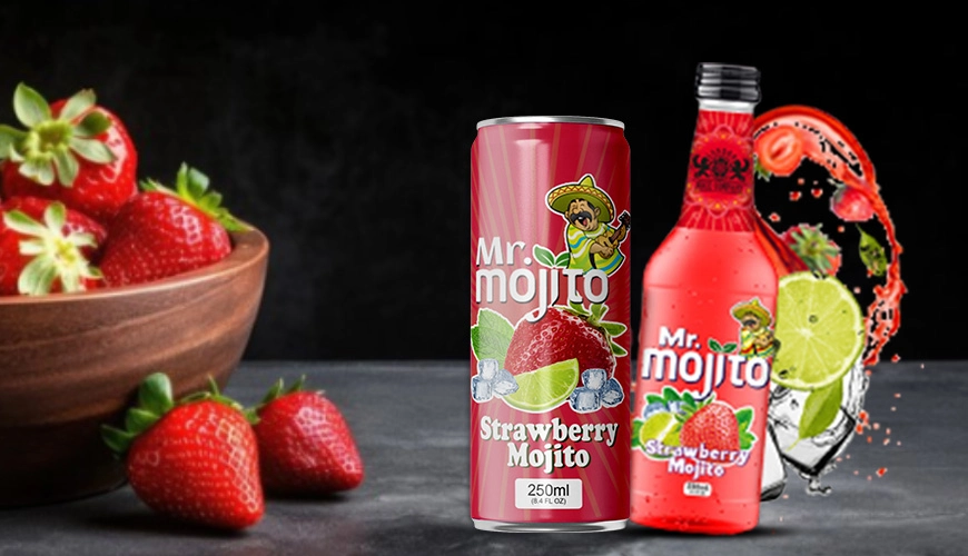 Strawberry mojito drinks from Mr. Mojito in can and bottle, set alongside fresh strawberries and lime for a vibrant, fruity scene.