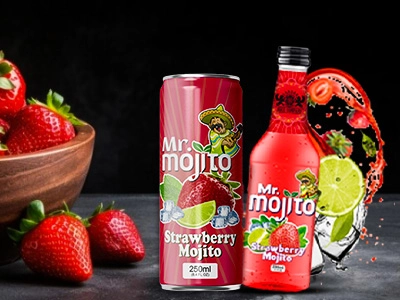 Strawberry mojito drinks from Mr. Mojito in can and bottle, set alongside fresh strawberries and lime for a vibrant, fruity scene.