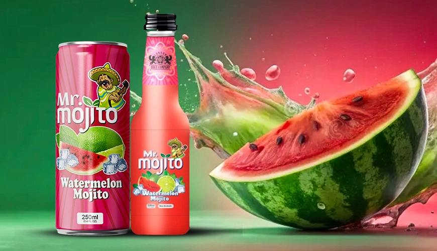 Mr. Mojito watermelon mojito in can and bottle, accompanied by a fresh, splashing watermelon backdrop for a refreshing summer feel.