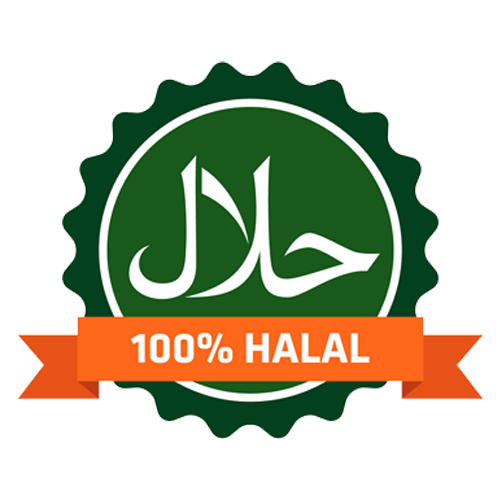 a green and white circle with white text and orange ribbon of Halal log