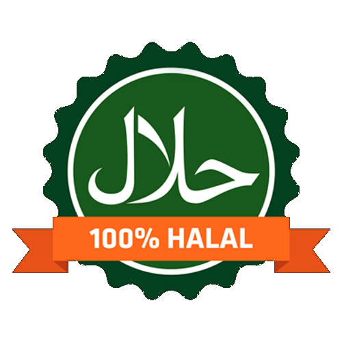 a green and white circle with white text and orange ribbon of Halal log