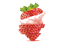 A digital artwork of a layered raspberry dessert with a leafy garnish on top.