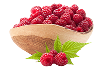 A wooden bowl overflowing with ripe, red raspberries, accompanied by a fresh green leaf, suggesting a harvest of summer sweetness.