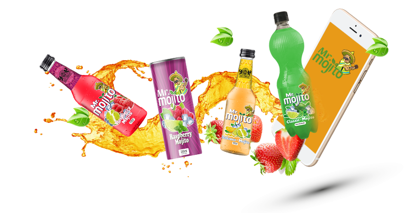 A colorful assortment of mojito-flavored products, from beverages to phone apps, splashing and swirling around with vibrant fruits and mint imagery, evoking a fresh and digital twist on the classic cocktail experience.