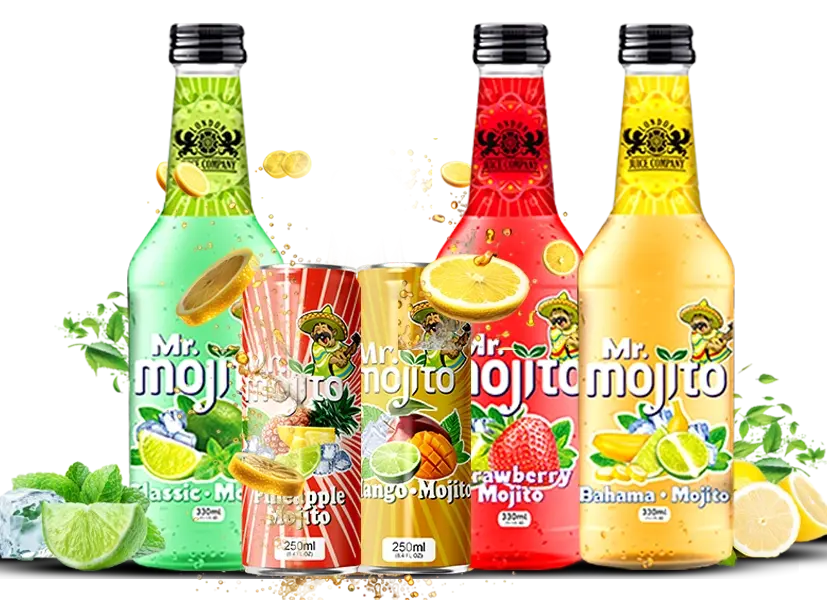 Mr. Mojito drink range featuring Classic Mojito, Pineapple Mojito, Mango Mojito, Strawberry Mojito, and Bahama Mojito in vibrant 330ml and 250ml cans and bottles.