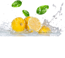 Fresh lemons splashing into water with green leaves, symbolizing a burst of citrus freshness.