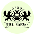 London Juice Company logo featuring two lions flanking a citrus slice, symbolizing bold, refreshing juice products.