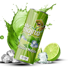 Mr. Mojito Classic Mojito 250ml can, surrounded by splashes of lime and mint with ice cubes for a refreshing and cool drink experience.