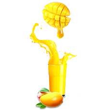 a glass of mango juice with mango slices