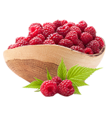 A wooden bowl overflowing with ripe, red raspberries, accompanied by a fresh green leaf, suggesting a harvest of summer sweetness.