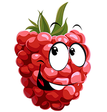 A cheerful cartoon raspberry with a leaf on top.