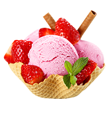 A scoop of strawberry ice cream in a waffle cone garnished with fresh strawberries and a sprig of mint, evoking a sense of summer sweetness.