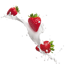 Fresh strawberries splashing into milk, creating a dynamic and appetizing swirl.