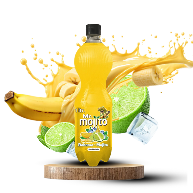 Mr. Mojito Bahama Mojito 1-liter bottle with a splash of banana, lime, and ice for a tropical twist.