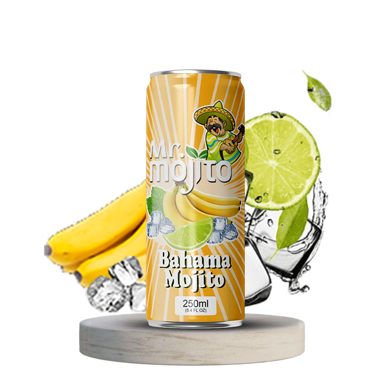 Mr. Mojito Bahama Mojito 250ml can, featuring fresh bananas, lime, and ice cubes for a refreshing flavour burst.