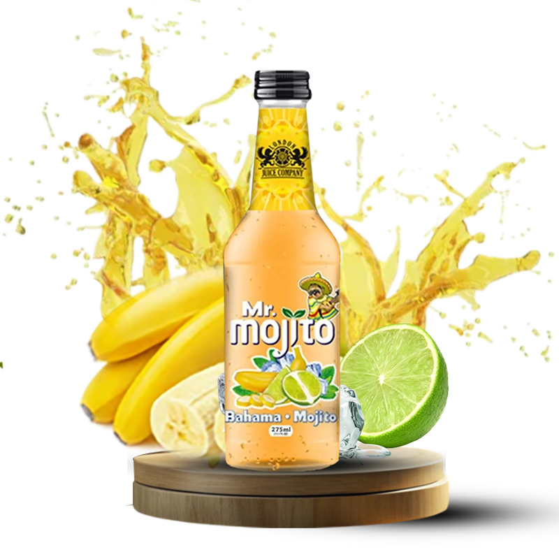 Mr. Mojito Bahama Mojito 275ml frosted bottle, offering a blend of bananas, lime, and ice in a vibrant, tropical scene.