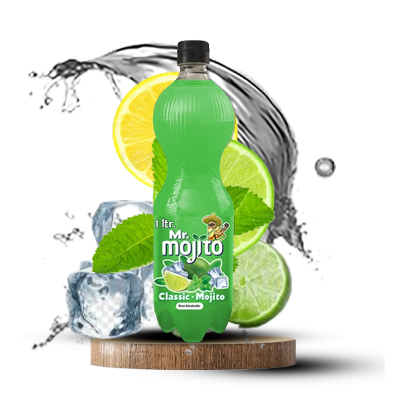 Mr. Mojito Classic Mojito 1-liter bottle, showcasing fresh mint, lime, and ice for a refreshing, zesty experience.