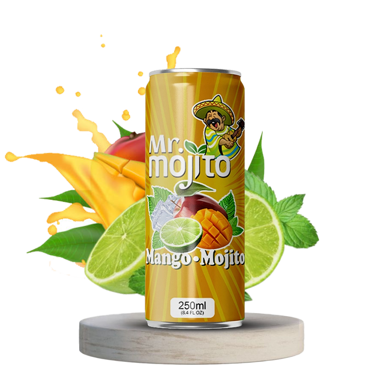 Mr. Mojito Mango Mojito 250ml can, featuring fresh mango, lime, and mint for a bold, tropical flavour.