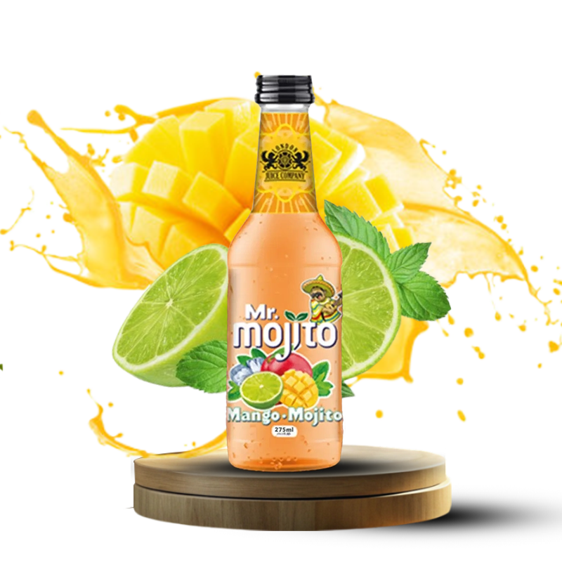 Mr. Mojito Mango Mojito 275ml frosted bottle, delivering a burst of mango, lime, and mint for a zesty, exotic taste.