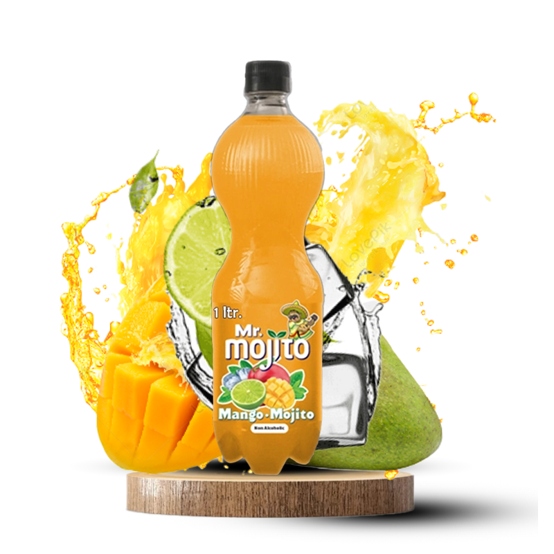 Mr. Mojito Mango Mojito 1-liter bottle, with splashes of mango, lime, and ice for a tropical, fruity refreshment.