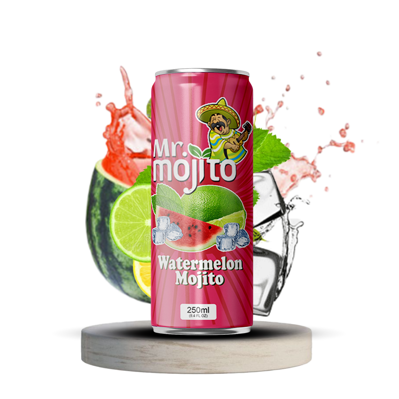 Mr. Mojito Watermelon Mojito 250ml can, highlighted by juicy watermelon, lime, and ice for a cooling summer drink.